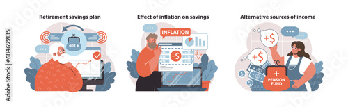 Future Finance set. Detailing a retirement savings plan, understanding inflation effects, and exploring alternative incomes. Nurturing financial growth. Flat vector illustration.