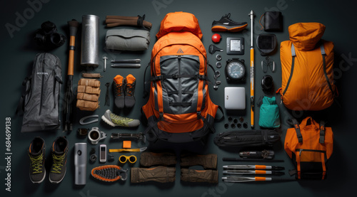 Orange backpack flat lay of various technologies with climbing equipment arranged on black background. photo