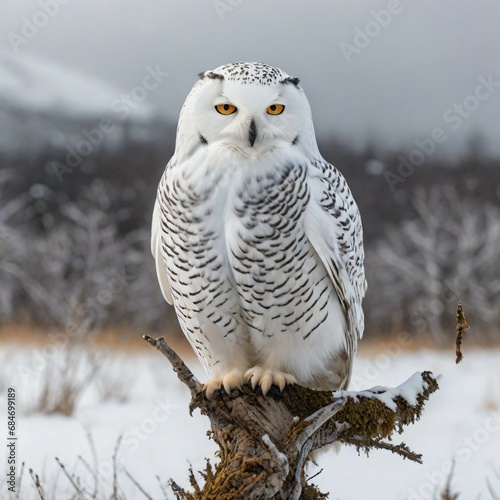 3. A picture of a white owl in a snowy forest. 