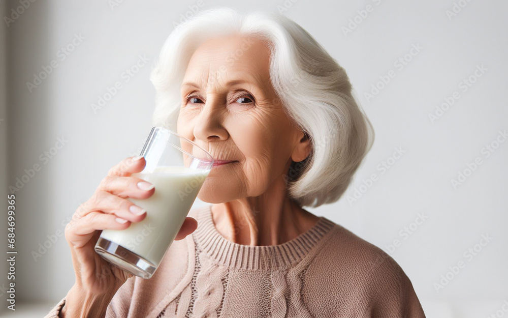 Elderly woman drinking milk from a glass Healthy elderly concept white background Elderly woman drinking milk from a glass Healthy elderly concept white background