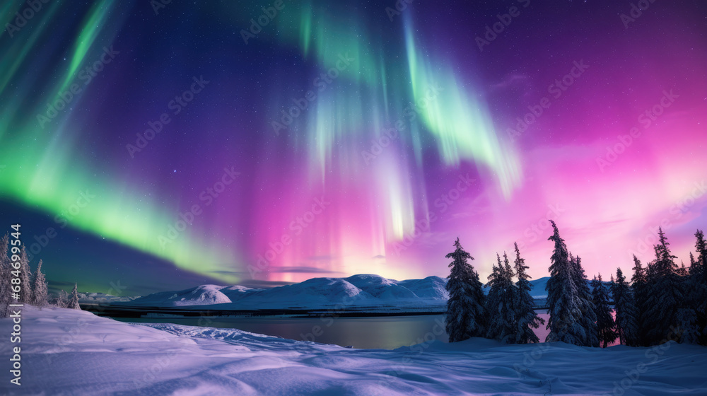 Spectacular Northern Lights Aurora Borealis illuminating winter sky over snowy landscape.