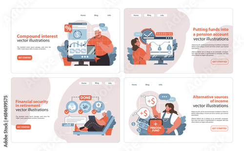 Retirement Planning Toolkit. Maximizing compound interest, contributing to pension funds, ensuring financial peace in retirement, and discovering alternative income sources. Flat vector illustration.