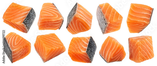 Salmon fillet cubes isolated on white background