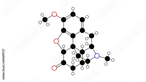 hydrocodone molecule, structural chemical formula, ball-and-stick model, isolated image opiate agonists