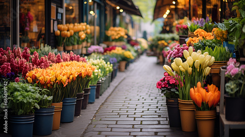 tulips in the garden, A vibrant flower market with a vast array of fresh blooms. Generative AI, Design a composition that captures the beauty of a flower market, with rows of fresh blooms in an array 