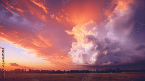 Dramatic sunset sky with vivid orange and purple clouds, serene landscape.