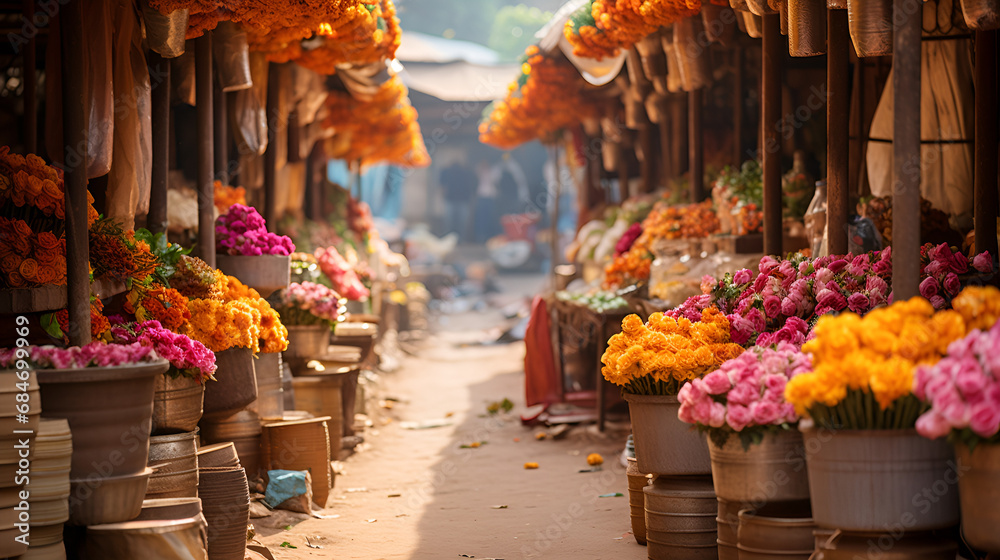 flowers in the market, A vibrant flower market with a vast array of fresh blooms. Generative AI, Traditional bazaar. variety of fresh fruits, busy marketplace, local vendors.

