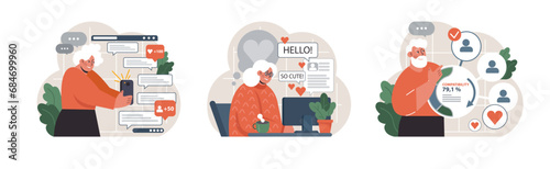 Digital Romance set. Elderly woman explores online connections, receives heartwarming compliments, and checks compatibility percentages. Online engagement, cozy environment, and digital match.