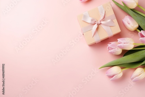 Heartwarming flat lay with tulips, gift, celebrating Mother's Day and International Women's Day (8 March)