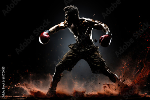 illustration full length of black and white silhouette of boxer in boxing gloves isolated art background © zamuruev