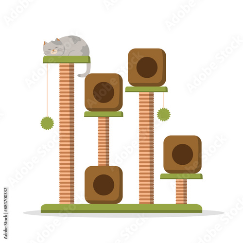 Cat tree and scratching post isolated on white background. Pet tower with rope posts. International cat day. Vector stock