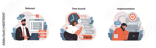 SMART goals set. Professionals prioritizing tasks, measuring progress with a timeline, and executing objectives. Relevant strategies, timely targets, efficient actions. Flat vector illustration