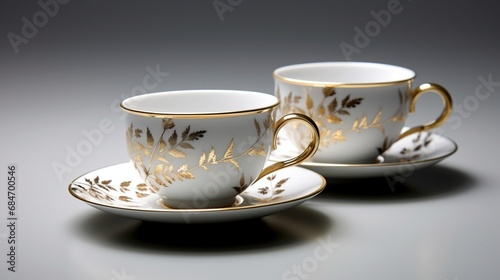 A set of exquisite porcelain teacups and saucers, their delicate patterns and gold accents shining on a spotless white surface.