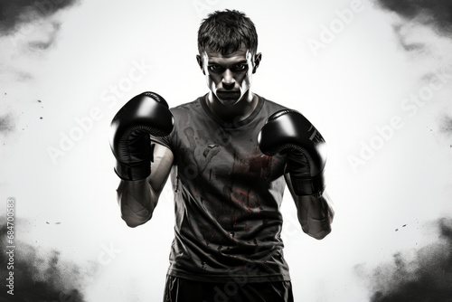 black and white silhouette of boxer in boxing gloves isolated white background