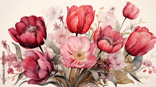 Vintage watercolor pink tulips photo