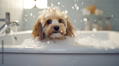 Cute dog takes a bubble bath. Creative banner to advertise shampoo or gel pet wash, dog flea shampoo, cleanliness. photo