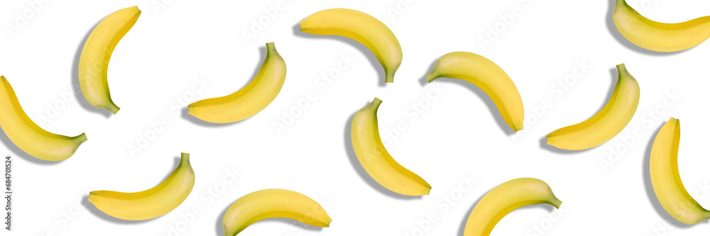 Banana isolated on white background. panorama, banner. Bananas texture design for textiles, wallpaper, fabric.