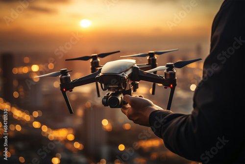 Man operating a drone with remote control. silhouette. Young man piloting a drone in flight with remote controller. Concepts of drone pilot and aerial filming. Focus on man photo