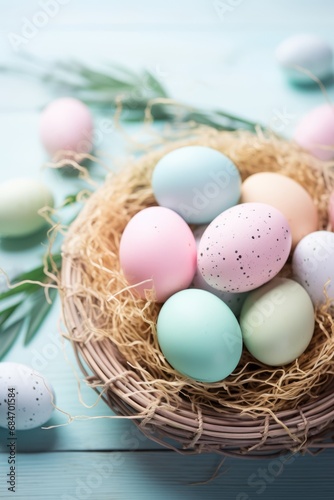 A colorful basket of freshly decorated easter eggs rests upon a bed of vibrant green leaves, reminiscent of a cozy bird's nest in the springtime