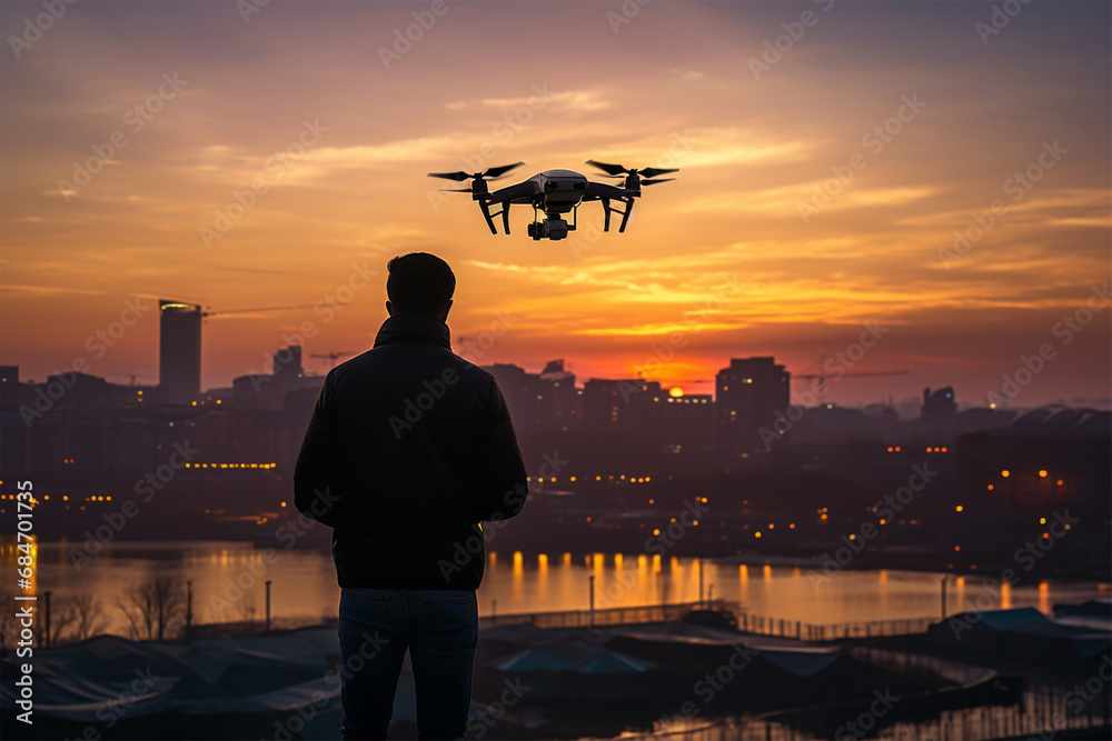 Fototapeta premium Man operating a drone with remote control. silhouette. Young man piloting a drone in flight with remote controller. Concepts of drone pilot and aerial filming. Focus on man