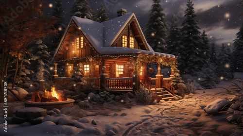 Cozy cabin in a winter wonderland, surrounded by snow-covered trees and a crackling fireplace, radiating warmth and tranquility © ALL YOU NEED studio