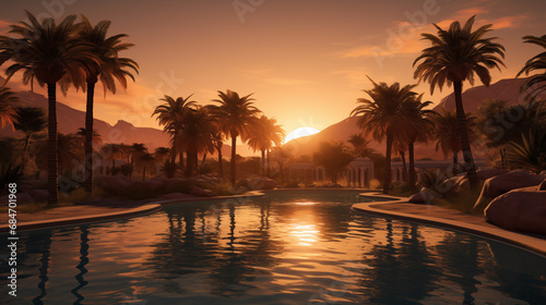 Desert oasis at sunset, with a tranquil pool surrounded by palm trees © ALL YOU NEED studio