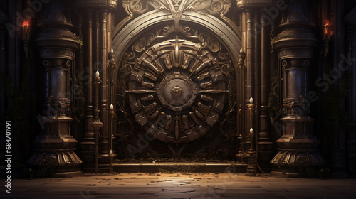 Mysterious portal room. old fantasy door