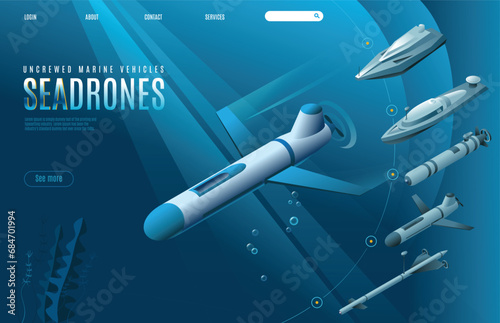 Sea Drones Landing Page of Uncrewed Marine Vehicles. Isometric icons of different types of military surface and underwater unmanned vehicles. Vector illustration on isolated background