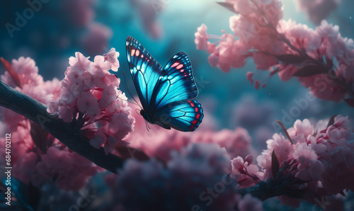 beautiful butterfly is flying near blossoms. Generative AI.