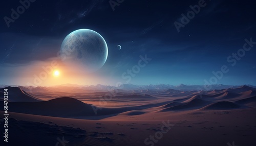 Generative AI image of Dune night sky desert with a blue glowing moon