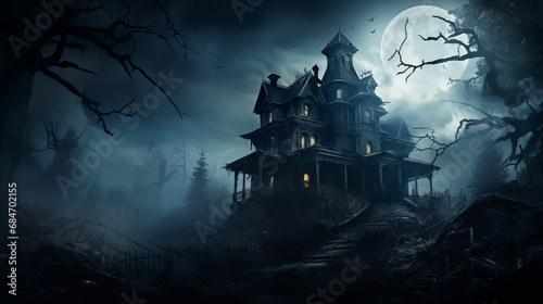 Haunted Victorian mansion on a foggy hill, with ghostly apparitions and mysterious shadows