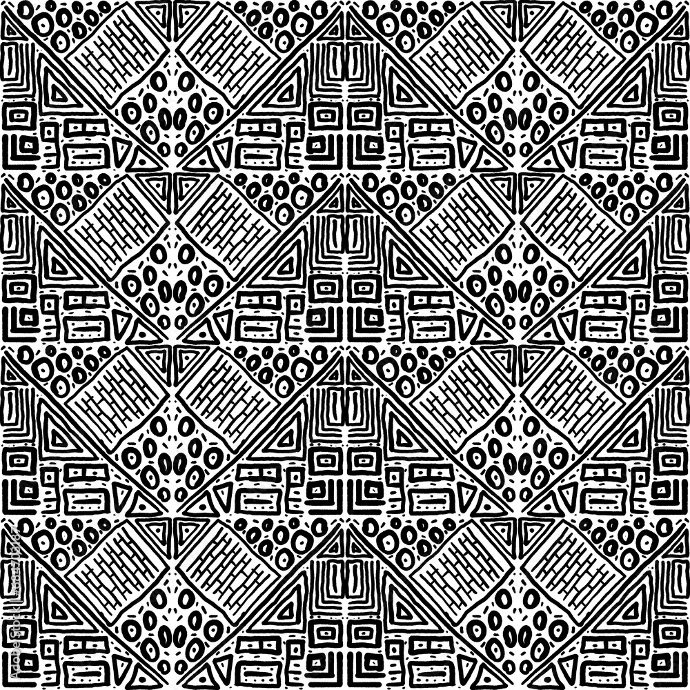 Seamless black and white pattern of abstract elements