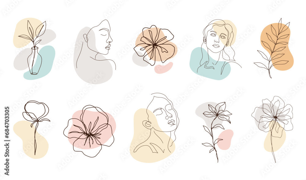 Abstract Set of Woman and Floral One Line Drawings Abstract Set of Woman and Floral One Line Drawings