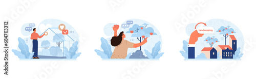 Urban farming set. Man manages heart-filled greenhouse, woman nurtures love-infused tree, hand shapes loving city landscape. Sustainable city gardening. Flat vector illustration.