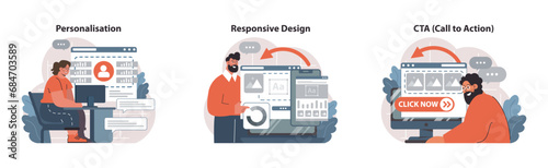 Web Development set. Tailoring user experience. Personalized platform, adaptive interface, prompt engagement. Call to action triggers. Responsive layout design. Flat vector illustration