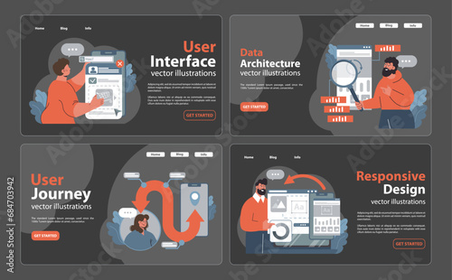 Web Design Evolution set. Diverse stages of creating digital platforms. User interface insights, intricate data architecture, dynamic user journey, adapting responsive design. Flat vector illustration