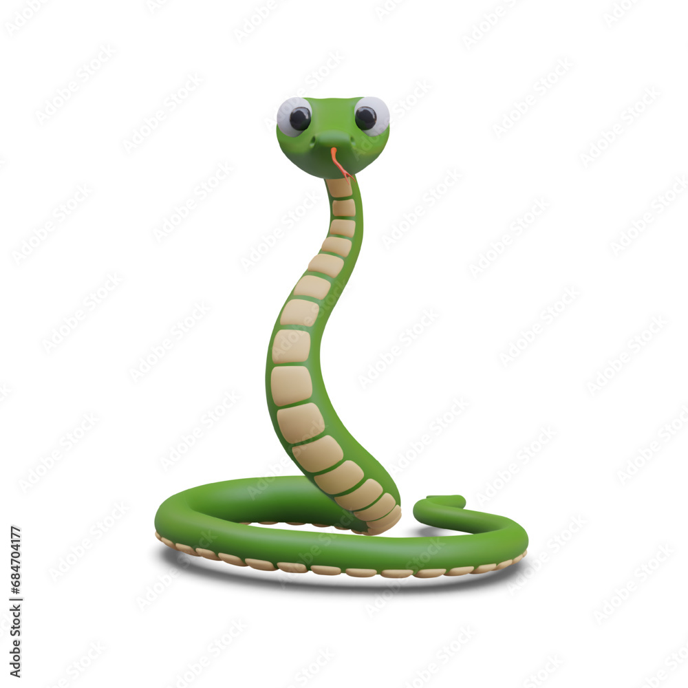 Fototapeta premium Green snake with textured belly. 3D poisonous reptile with forked tongue. Dangerous creature, python. Vector character in cartoon style. Savage. Color illustration