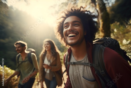 Generative AI image of a Diverse group of friends hiking together in nature, embodying the harmony and beauty found in shared outdoor experiences