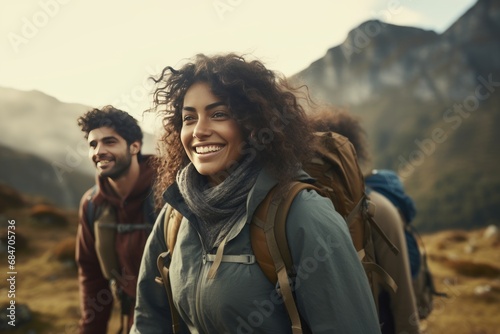 Generative AI image of a Diverse group of friends hiking together in nature, embodying the harmony and beauty found in shared outdoor experiences