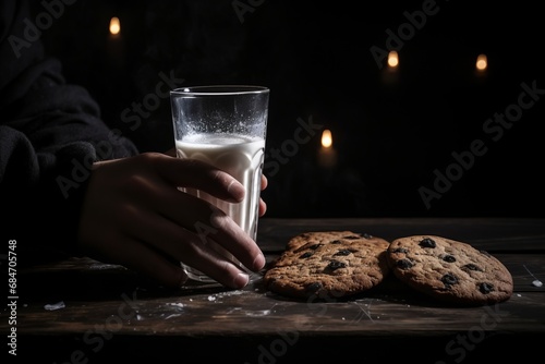 Oatmeal cookies with pieces of chocolate, arranged in a stack, a child's hand holding a glass of milk on a dark background photo