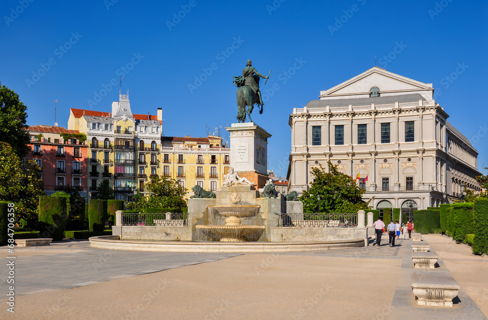Monument to Felipe IV on Eastern square (Plaza de Oriente) and Royal theatre (Teatro Real), Madrid, Spain