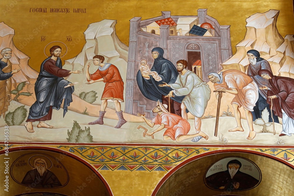 Obraz na płótnie Resurrection orthodox cathedral, Podgorica, Montenegro. Fresco detail. Jesus healing the sick and the blind. w salonie