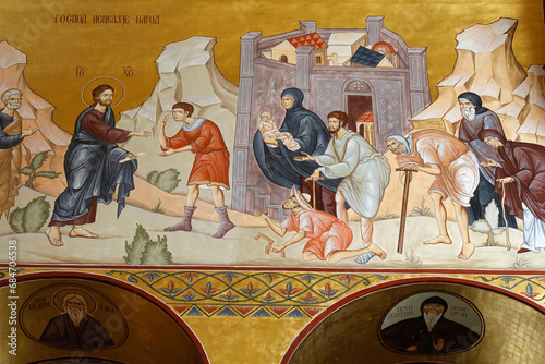 Resurrection orthodox cathedral, Podgorica, Montenegro. Fresco detail. Jesus healing the sick and the blind.