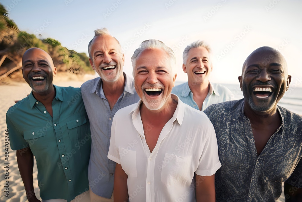 group of senior men walking on the beach happily group of senior men walking on the beach happily