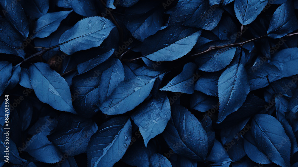 blue leaves on black background. Generative AI. - obrazy, fototapety, plakaty 