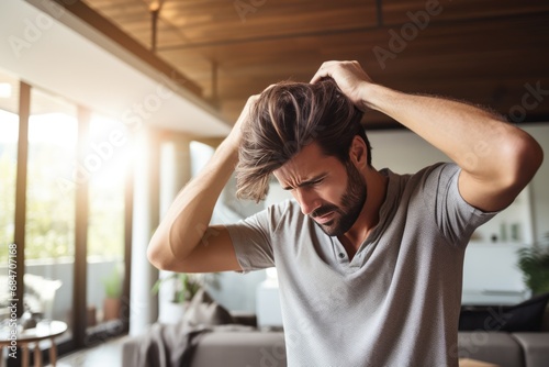 Man With Forgetful Expression Scratches The Back Of His Head In Modern Apartment