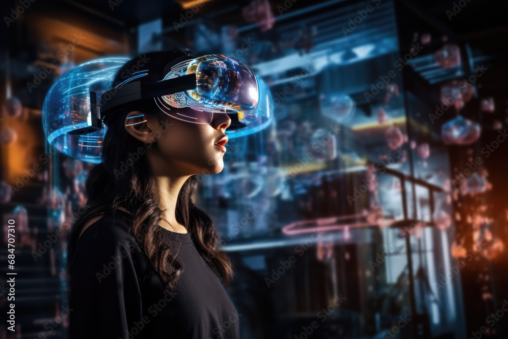 Asian Woman Marveling At Futuristic Holographic Technology Photorealism
