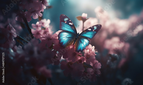 beautiful butterfly is flying near blossoms. Generative AI. © Fahad