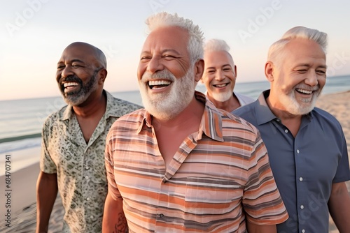 group of senior men walking on the beach happily