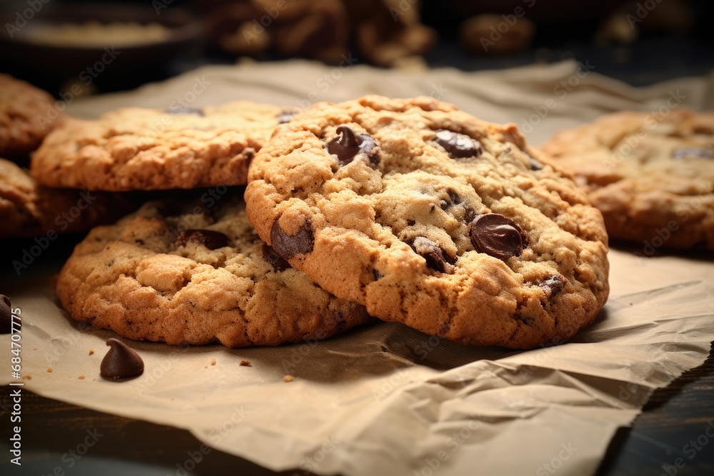 Closeup Of Freshly Baked Oatmeal Cookies, Homemade Taste Photorealism Closeup Of Freshly Baked Oatmeal Cookies, Homemade Taste Photorealism